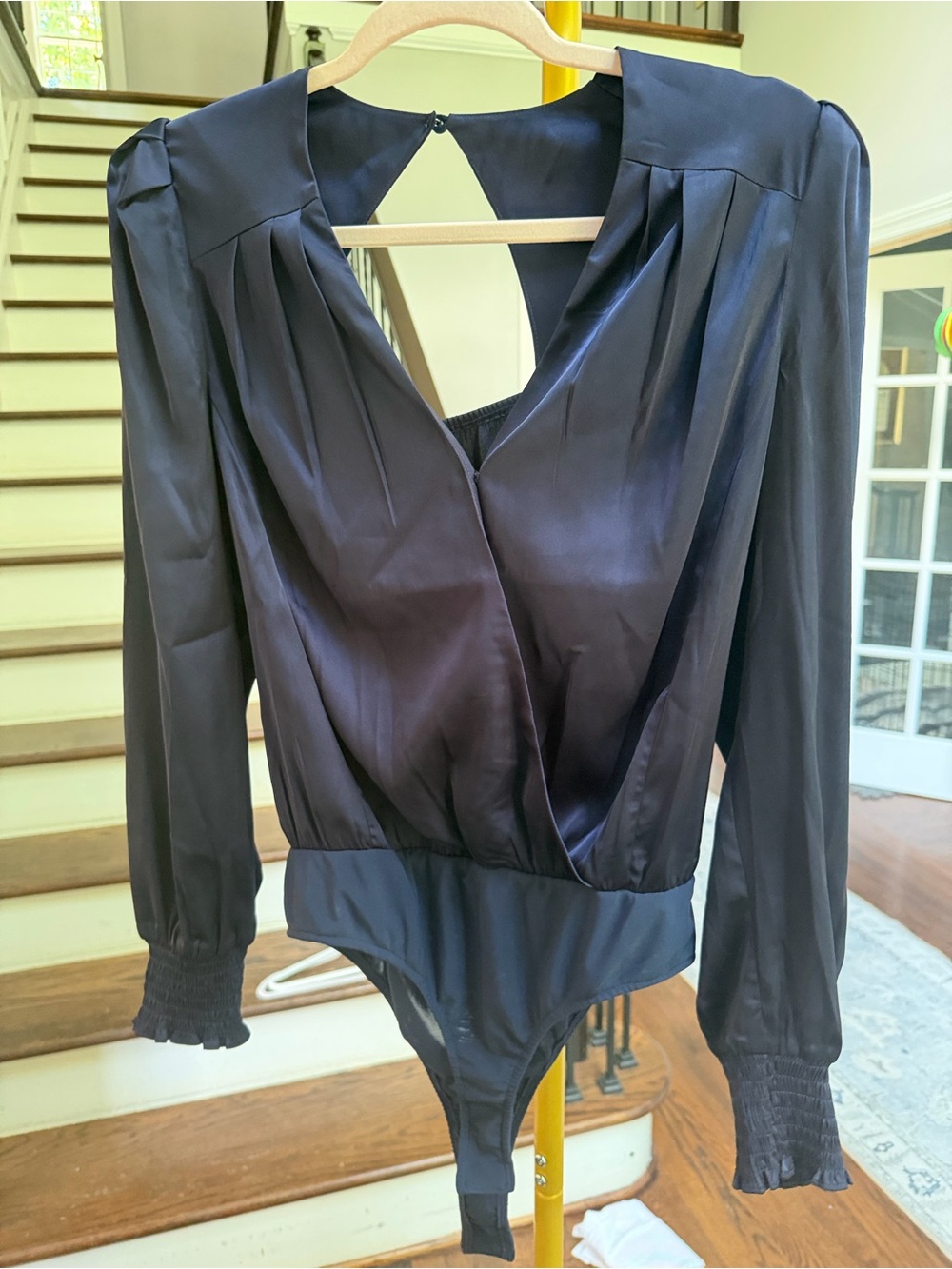 Heartloom Navy Satin V-Front Long Sleeve Bodysuit, Small